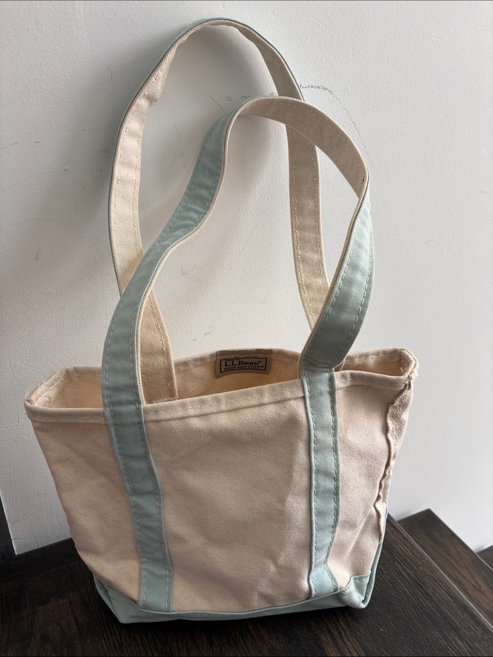 LL Bean small boat & tote bag, light blue/long handles